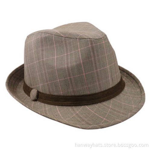 Plaid Fedora Hat, Wholesale, with Velvet Band and Button Trim